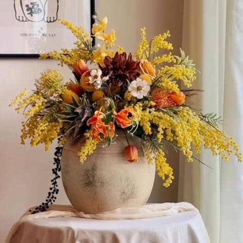 Lyeec Ceramic Flower Vase, 8.66 inch Tall Round Rustic Farmhouse Decorative Vase for Home Decor, Living Room Entryway Table Centerpiece Decor - Thumbnail 5