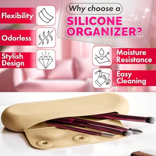 Silicone Makeup Brush Holder Travel – Stylish Silicone Make Up Bag 8.3 in, Travel Makeup Bag for Brushes, Easy-to-Clean Waterproof Case, Fits Purse or Tote, Magnetic Clips, Sturdy Brush Organizer - Thumbnail 3