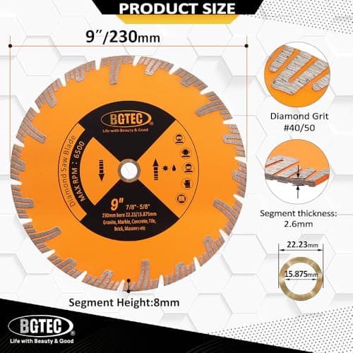 BGTEC Diamond Saw Blade, 9"/230mm Granite Cutting Disc for Circular Saw Cutting Marble, Concrete,Masonry,Ceramic,Porcelain - Thumbnail 2