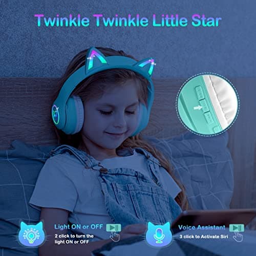 LOBKIN Bluetooth 5.4 Kids Headphones with Case - RGB LED Light Up Cat Ears Foldable Adjustable Over Ear Headphone Support Wireless or 3.5mm Wired Mode for Toddler & Girls & Boys Teens - Thumbnail 4