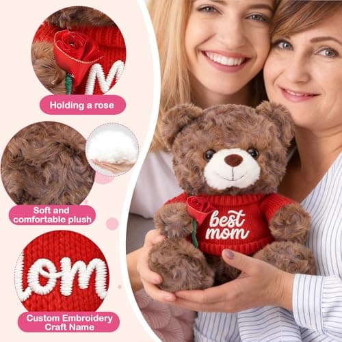 12'' Personalized Mother's Day Embroidered Teddy Bear with Rose, Custom Name Stuffed Plush Teddy, Soft Mom Bear Gift for Mother's Day, Birthday, Customized Gift for Mom Grandma from Daughter Son - Thumbnail 3