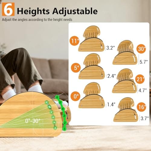 Bamboo Foot Rest for Under Desk at Work - Reversible Rocking Desk Footrest 2-in-1 with 6 Adjustable Heights, Ergonomic Foot Rest Under Desk with Anti-Slip Surface for Home, Office and Gaming - Thumbnail 4