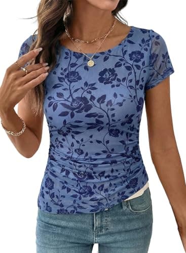 SHEWIN Womens Shirts Crew Neck Womens Short Sleeve Tops Casual Floral Mesh Top Women Lightweight Shirts for Women Pullover Spring Tops for Women,(US 4-6) S,Sky Blue - Image 1