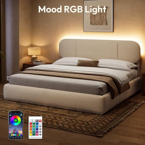 Uteeran King Size Bed Frame with Storage, Boucle Cloud Bed with 4 Locking Drawers & LED Lights, Modern Upholstered Platform Bed, Plush Sides & Footboard, Adjustable Headboard, No Box Spring, Beige - Thumbnail 3