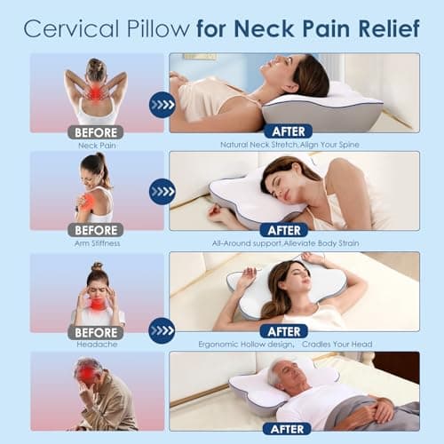 Cervical Neck Pillow for Pain Relief, Ergonomic Side Sleeper Pillow for Neck Support, Cooling Memory Foam Pillows Contour Orthopedic Bed Pillow for Back Stomach Sleepers (White) - Thumbnail 3