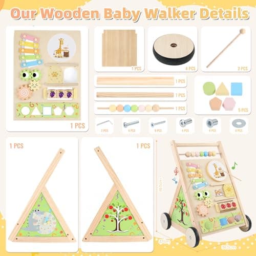 Wooden Baby Walker with Wheels Baby Push Walker for Boys Girls 6-12 Months Wooden Walker Activity Center Walking Toys for 1 Year Old Learning to Walk Sit to Stand Walker for Baby 12-18 Months Push Toy - Thumbnail 2