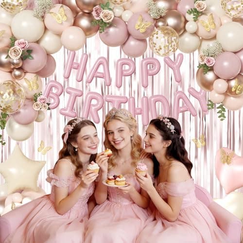 Dusty Pink and Gold Birthday Decorations for Women Girls, Dusty Pink Blush Rose Gold Sand White Gold Foil Confetti Balloons Happy birthday Banner Gold Butterfly Fringe Curtains Birthday Decorations - Thumbnail 6