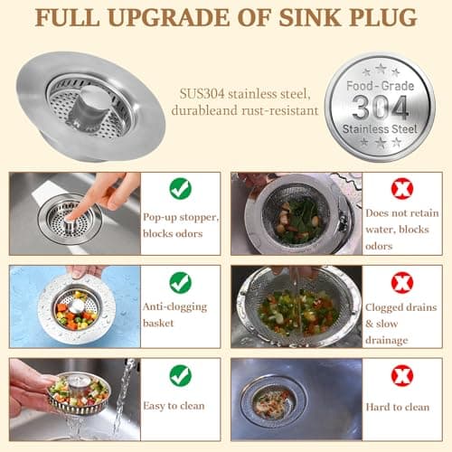 3-in-1 Kitchen Sink Drain Strainer -2 Pack Pop Up Sink Stopper with Anti-Clogging Basket, Kitchen Gadgets Clearance Sink Accessories, Fits Standard 3-1/2” Openings for Double Bowl Kitchen Sinks - Thumbnail 6