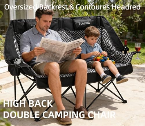 High Back Double Camping Chair Padded Folding Loveseat with Adjustable Pillows Heavy Duty 2 Person Camping Lawn Chairs for Adults with Cup Holders & Wine Racks for Outdoor Sports Beach Fishing - Thumbnail 5
