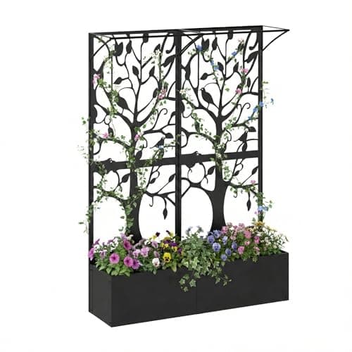 Furtivusia Metal Planter Box with Trellis, Tall Raised Garden Bed for Patio, Outdoor Privacy Planters for Climbing Plants, Vegetables, Fruits, Balcony, Outside, 62.4 x 12.2 x 44.6 Inch, Black - Image 1