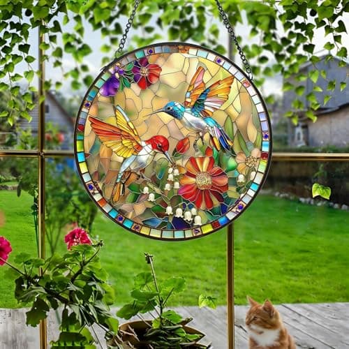 Stained Glass Window Hanging, Hummingbird Gifts Sun Catcher, Sun Catchers Indoor Window, Colorful Glass Panel,Suncatcher Room Decor,Gifts for Grandma Mom Wife,Aunt Birthday Gifts for Women 7.8in - Thumbnail 6