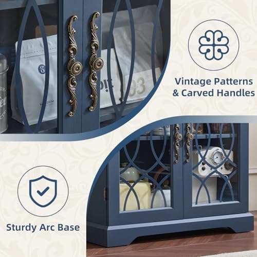 Joaxswe 67" Tall Bookshelf, Rustic Book Shelf w/Vintage Pattern Tempered Glass Doors, 5-Tier Wood Bookcase with Adjustable Storage Shelves, Retro Curio Display Cabinet for Living Room, Navy Blue - Thumbnail 4