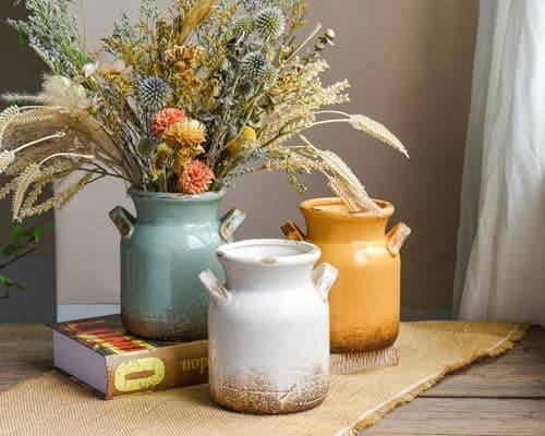 Quoowiit Ceramic Rustic Farmhouse Vase, Distressed Decorative Flower Vases for Home Decor, Ideal Shelf Decor, Green Boho Vase for Living Room Bedroom Kitchen Office Centerpiece Table Decorations - Thumbnail 6