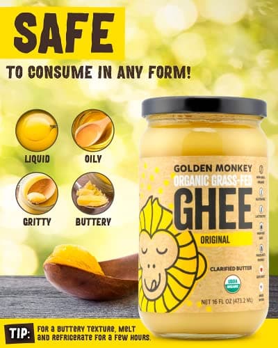 GOLDEN MONKEY Organic Ghee Butter – Grass Fed Clarified Butter for Cooking, Baking, Keto & Gut Health – Ghee Butter Organic Grass Fed from Small Farms – Smooth Spread with High Smoke Point (16oz) - Thumbnail 5