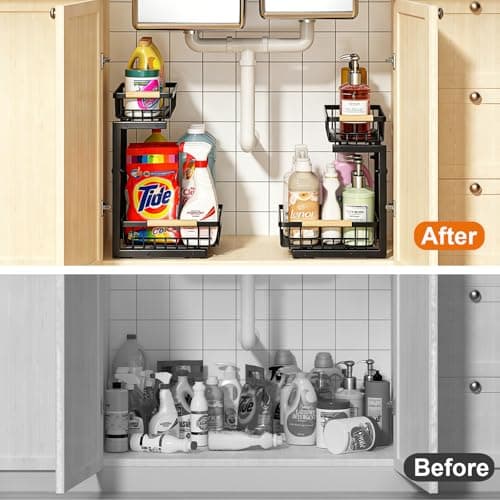 REALINN Under Sink Organizer, 2 Pack Height Adjustable Under Sink Organizers and Storage, 2 Tier Pull Out Drawer Cabinet Storage for Kitchen Bathroom - Thumbnail 6