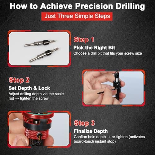 Naerza 7-Piece Countersink Drill Bit Set with Aluminum Alloy Stop Collar, Screwdriver Bit & HSS M2 Tapered Bits, 1/4" Hex Shank Drilling Kit for Woodworking - Thumbnail 3