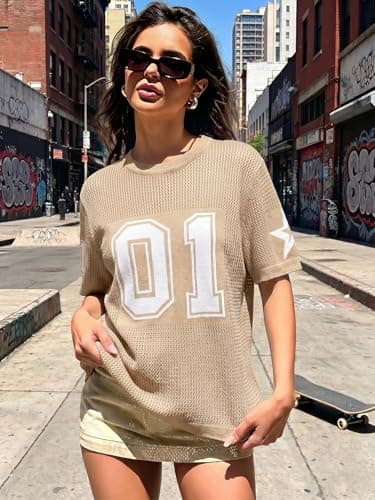 Jersey Shirts for Women Casual Number Graphic Tees Crochet Hollow Out T Shirt Y2k Short Sleeve Knit Tops Apricot - Thumbnail 3