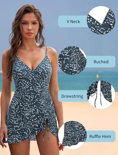 ZAFUL Womens One Piece Swimsuit Modest Tummy Control Bathing Suit Over 50 Ruffle Swim Dress V Neck Drastring Swimwear Dark Blue Dots S - Thumbnail 4