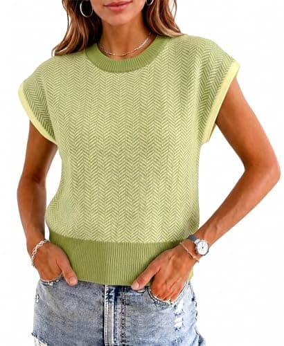Flowyair Womens Summer Cap Sleeve Sweater Vest Color Block Knit Crop Tops Crew Neck Casual Lightweight Pullover Tops - Image 1
