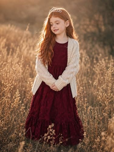 ALLOVIN Toddler & Girls Long Sleeve Lace Flower Girl Dress Maxi Boho A-Line Dress for Wedding Baptism 1st Communion | Burgundy | 6-7Y - Thumbnail 4