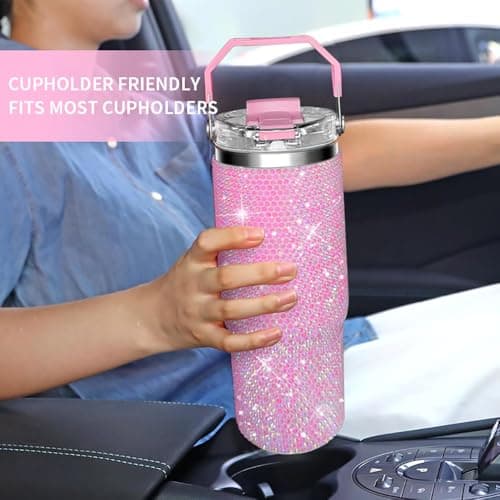 30oz Bling Rhinestone Studded Tumbler with Top Handle, Bling Cups Stainless Steel Water Bottle Diamond Glitter Tumbler for Women - Birthday Gifts for Women, Mom,Get Well Soon Gifts (Pink) - Thumbnail 5
