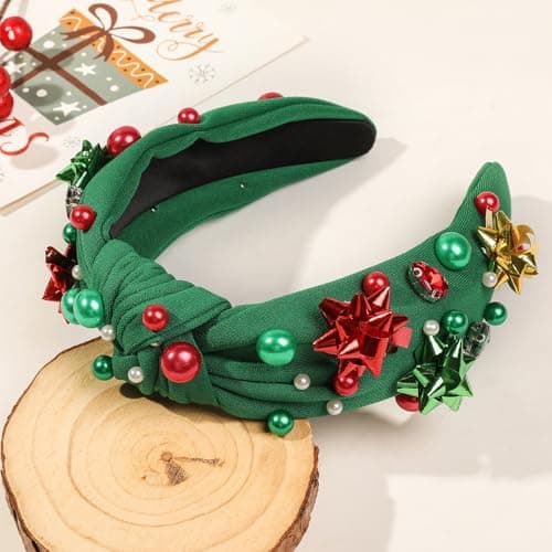 Krfapt Jeweled Plaid Headband with Embellished Crystals and Pearls - Knotted Wide Top Knot Hair Accessory for Women, Holiday Outfits & Gifts （Green） - Thumbnail 3