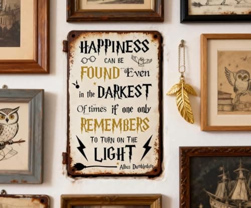 Annekilly Happiness Can Be Found Even In The Darkest Metal Signs, Vintage Magic Sign for Movie Wizard Theme Lovers Office Decor Motivational Room Wall Decor 12x8 Inch - Thumbnail 2