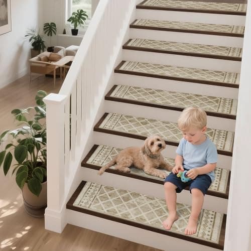 BEQHAUSE Stair Treads for Wooden Steps Non-Slip Indoor Stair Runner Washable Carpet For Stairs Self-Adhesive Stair Rug for Elders Kids and Pets, 8X30 In, 15 PCS, Geometric Diamond Pattern, Light Brown - Thumbnail 2