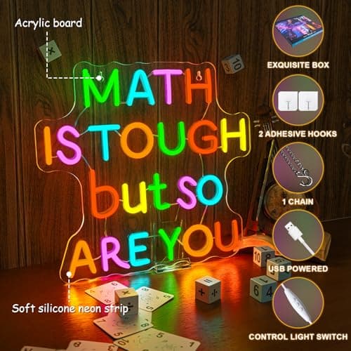 Classroom LED Sign Math Is Tough But So Are You Neon Sign for Wall Decor Math Lights Up Sign for Classroom Library Bedroom Reading Neon Signs LED Gifts for Art Teachers Teens - Thumbnail 3