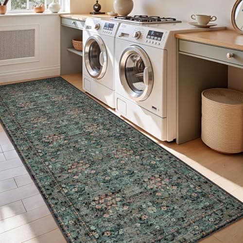 Lunasun Boho Dark Green Botanical 2x6 Washable Long Kitchen Runner Rug - Floral Throw Rug for Hallway, Bathroom, Indoor Entrance, Laundry, Bedroom - Soft Vintage Front Door Mat with Low Pile Non Skid - Thumbnail 5