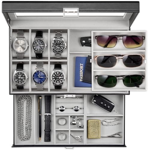 ProCase Mens Jewelry Box, Lockable 6 Slot Watch Case & 3 Slot Sunglasses Organizer, 2-layer Mens Jewelry Organizer Watch Box for Men, Watches Holder Display Storage Valentine Birthday Gifts -Black - Image 1