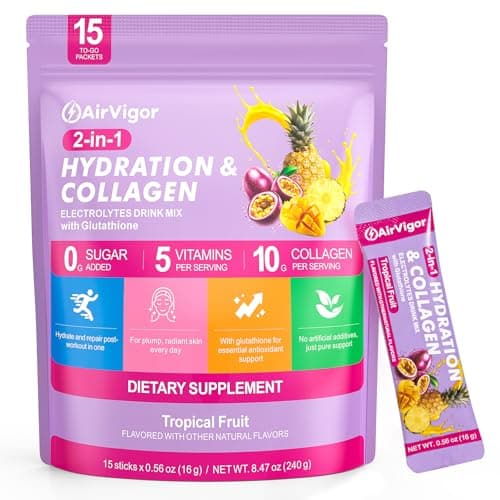 AirVigor Electrolyte Powder Packets, 10G Collagen Hydration Packets, Sugar Free Daily Electrolyte Hydration Recocery Drink Mix with 5 Vitamins & Glutathione, Joint Skin Muscle Support, Keto, Tropical - Image 1