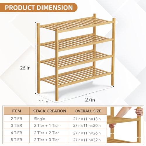 Buymoth 4 Tier Bamboo Shoe Rack Storage Organizer for Closet, Multifunctional Stackable Free Standing Shoe Shelf Organizer for Small Space,Entryway,Hallway,Bathroom 27"x11"x26"(Natural, 4 Tier) - Thumbnail 2