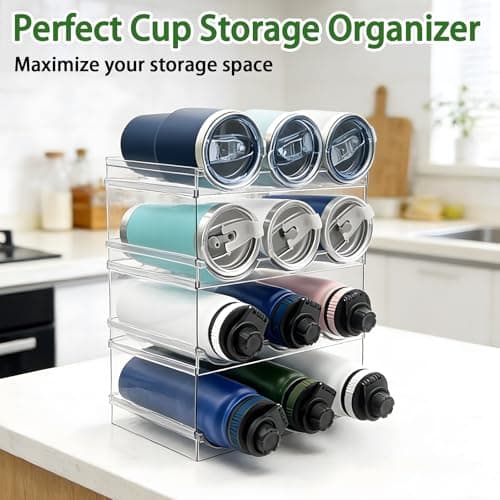 Spaclear 4 Pack Water Bottle Organizer, Stackable Kitchen Pantry Organization and Storage Shelf, Plastic Bottle Holder for Fridge Kitchen Cabinet Organizer and Storage, Tumbler Mug Cup Organizer - Thumbnail 3