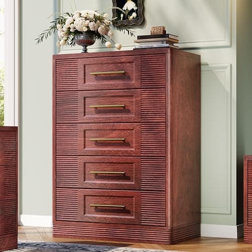 RECHHX 5 Drawer Dresser for Bedroom Farmhouse White Wood Chest of Drawers for Bedroom Dresser, Rustic 46" Tall Wide Drawers Dressers Wooden Closet Storage Cabinet, Hallway, Living Room - Image 1