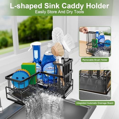 Fikoksol Large Sponge Holder for Kitchen Sink, 90-Degree Sink Caddy Organizer with Dish Brush Holder for Countertop Corner Storage Rack, Metal L-Shaped Kitchen Sink Sponge Soap Organizer Storage Ideas - Thumbnail 4