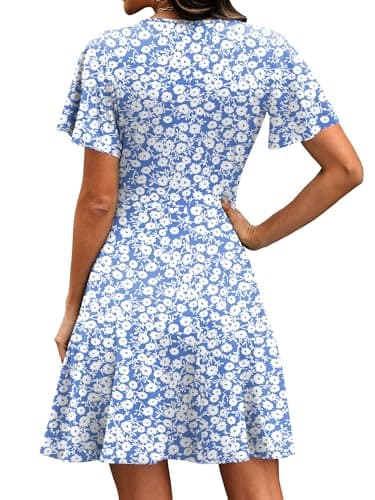 RUMIA Womens Summer Dresses 2026 Wrap V Neck A-line Casual Sundresses Holiday Party Cocktail Dress Floral Blue M - Thumbnail 5