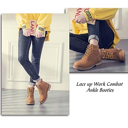 Athlefit Women's Work Waterproof Hiking Combat Boots Lace up Low Heel Booties Ankle Boots Size 11 Camel - Thumbnail 4