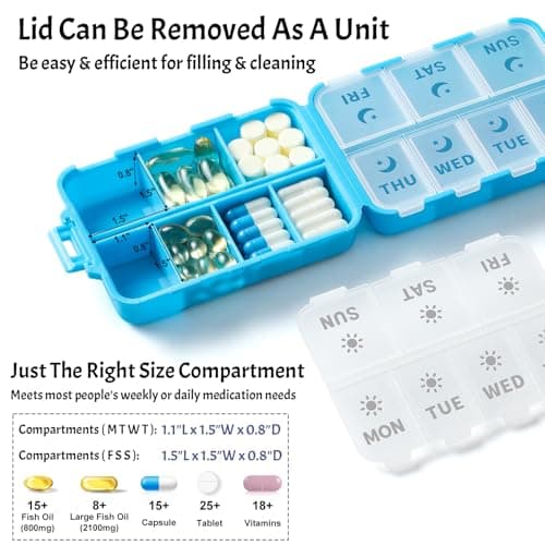 New Foldable & Double Protection Portable Weekly Pill Organizer 2 Times A Day with Etched Labels, AM PM 7 Day Week Medicine Box, Daily Travel Pill Case Holder Dispenser for Vitamin, Supplement - Blue - Thumbnail 4