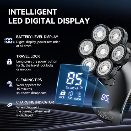 7D Head Shavers for Bald Men - 5 in 1 kensen Electric Head Hair Shaver, Head Electric Razor with Nose Hair & Beard Trimmer Cordless IPX6 Waterproof Wet Dry LED Display Travel Case - Thumbnail 2