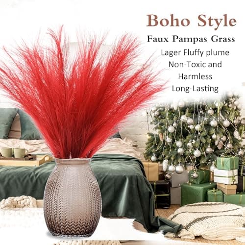 Acfruits Burgundy Pampas Grass Small, 30 Pcs 17" Faux Pampas Grass Short Decor, Pompas Grass Flower Arrangement and Vase Filler for Boho Home Wedding Decoration - Thumbnail 5