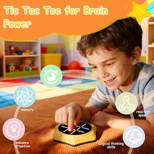 VDPDO Electronic Tic Tac Toe Game, 5-in-1 Electric Tic Tac Toe with Mute & Rechargeable - Handheld Travel Board Game for Kids Ages 4+, Adults, Family - Educational Learning Toy for Boys Girls, Yellow - Thumbnail 2