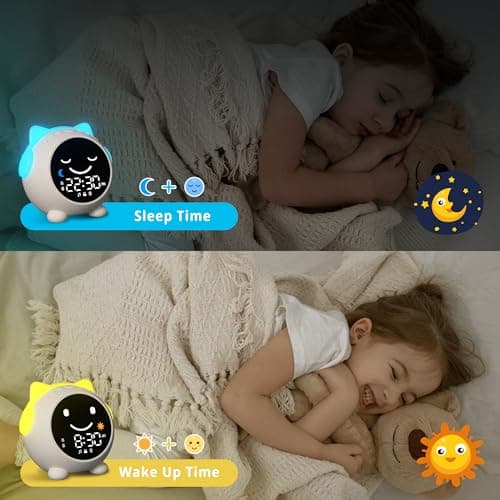 MRSCOZ Kids Alarm Clock for Sleep Training,Sleep Trainer,Ok to Wake Clock,Cute Cat Alarm Clock for Girls Boys Toddler with 10 Night Lights,9 Music Sounds, Auto-Off Timer,Cream White - Thumbnail 4