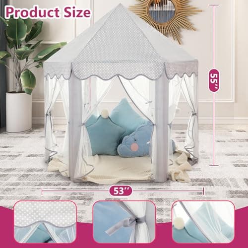 Monobeach Princess Tent Girls Large Playhouse Kids Castle Play Tent with Star Lights Gift Toy for Children Indoor and Outdoor Games, 55'' x 53'' (DxH) (Grey) - Thumbnail 6
