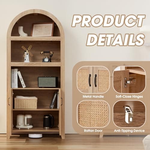Fragess 72" Arched Storage Cabinet with Beech-Rattan Door, Modern Farmhouse Wooden Bookcase with Adjustable Shelves – Versatile Kitchen Pantry, Living Room Display, and Bedroom Storage (Natural) - Thumbnail 5