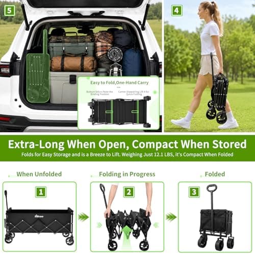 InBrave Extra Long Collapsible Wagon Cart, 480LBS Heavy Duty Utility Wagons with All-Terrain Wheels, Foldable Grocery Carts for Gardening, Shopping, Beach, Camping, Black - Thumbnail 4