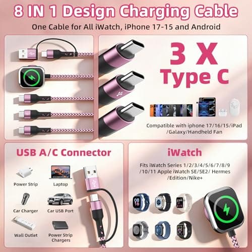 3 Type-C 4 in 2 Charging Cable for Phone iWatch Charger, Multi USB C Charging Cable, Travel Essentials USB C Splitter Multi Charging Cord for iWatch Ultra/SE/11-1, iPhone17 16 15, Android, More -2Pack - Thumbnail 2