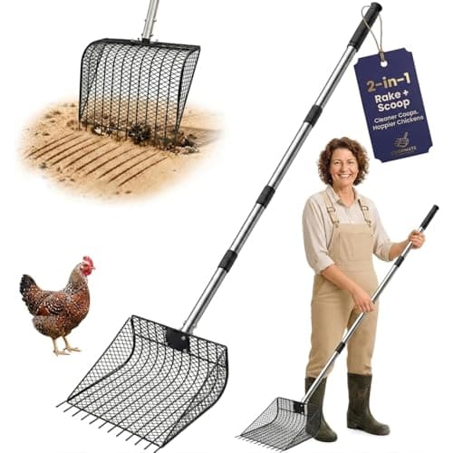 AOTECC Chicken Poop Scooper & Rake 2 in 1, 12 inch Large Sifting Shovel Litter Scoop for Chicken Coop Goat Stall Farm, 38-66in Extendable Stainless Steel Handle, Poultry Litter Cleaning Tool - Image 1