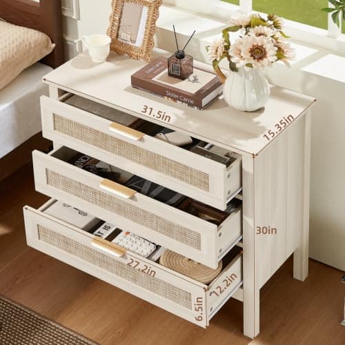 LEYAOYAO 31.5" Wide Rattan Night Stand, Large Boho Nightstand, Bedside Table with Storage, Tall Bed Side End Tables, Chest of Drawers for Bedroom, Living Room, Hallway（Grey,3 Drawers,2） - Thumbnail 2