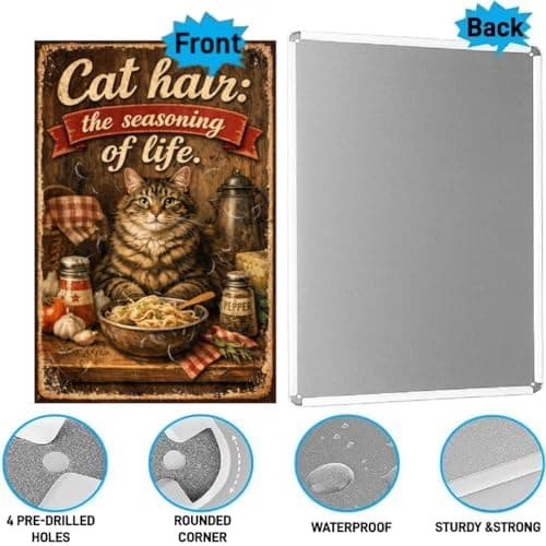 Cat Hair The Seasoning of Life Vintage Tin Sign Funny Cat Kitchen Wall Decor Retro Metal Plaque Rustic Farmhouse Cat Lover Gift 8x12 Inch Pre Drilled - Thumbnail 6